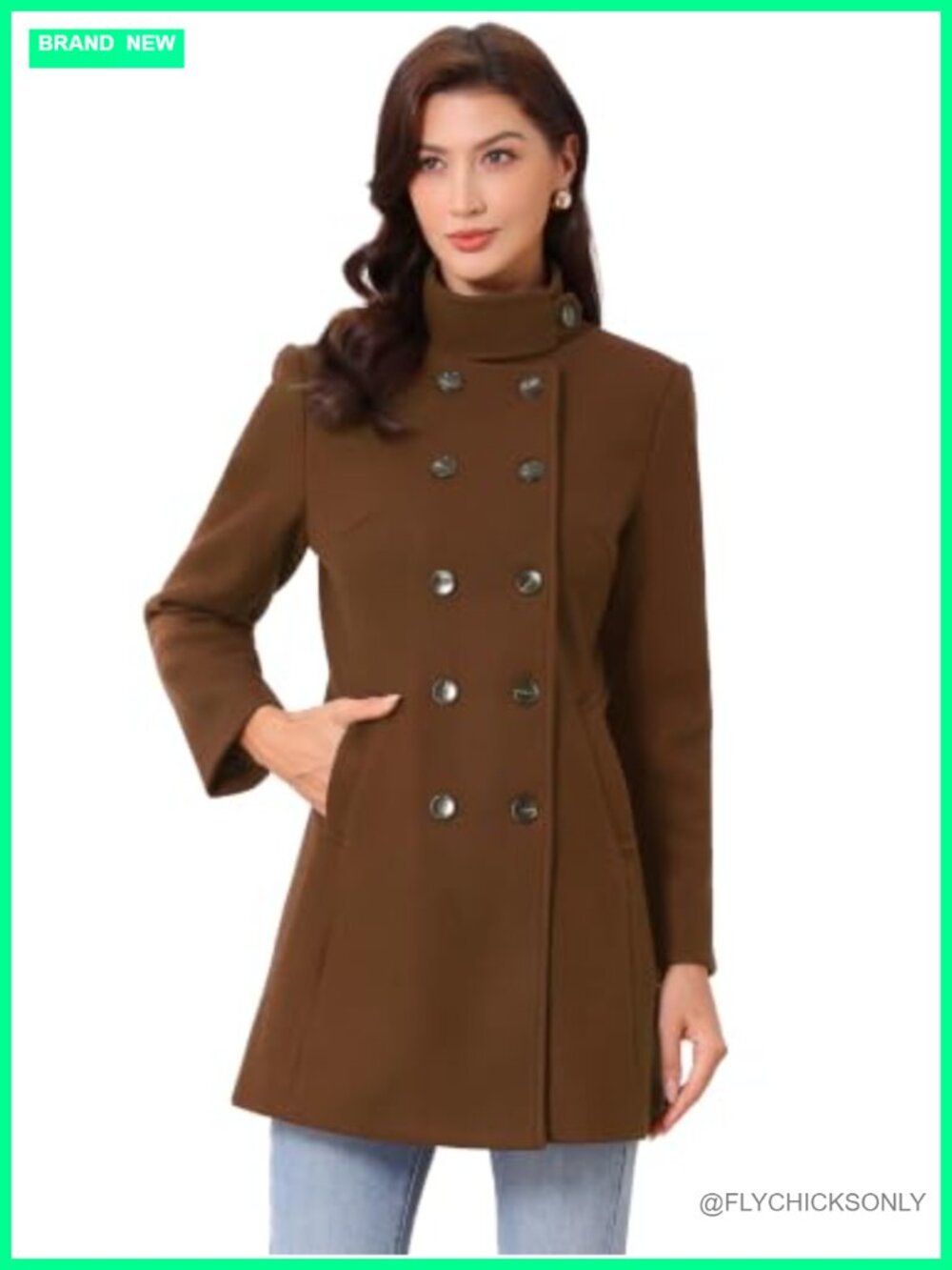 Women's Pea Coat Overcoat Stand Collar Double Breasted Long Sleeve Lined
